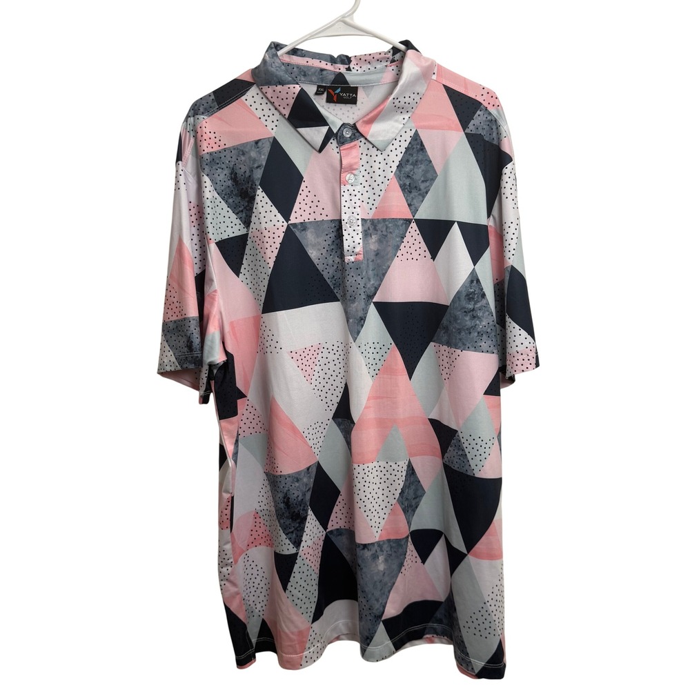 Yatta Golf Mens XXL Pink Navy Geometric Triangle Polka Dot Performance Polo